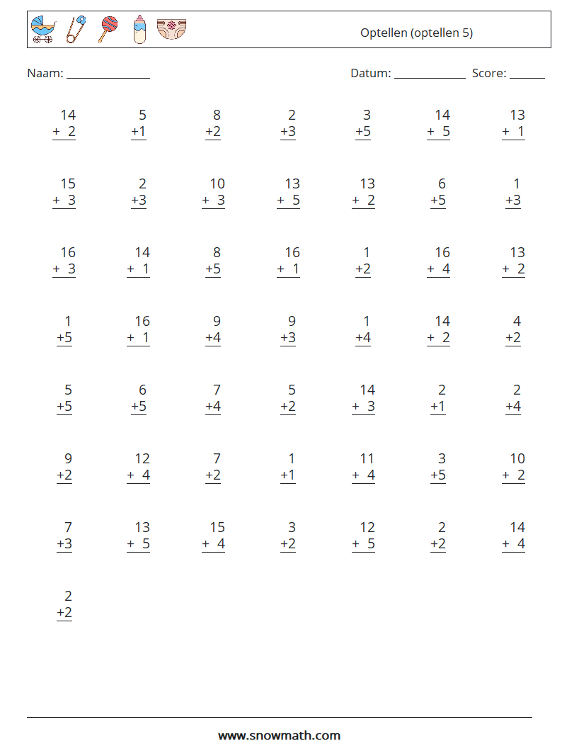 (50) Optellen (optellen 5) Wiskundige werkbladen 13