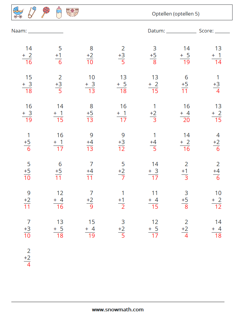 (50) Optellen (optellen 5) Wiskundige werkbladen 13 Vraag, Antwoord