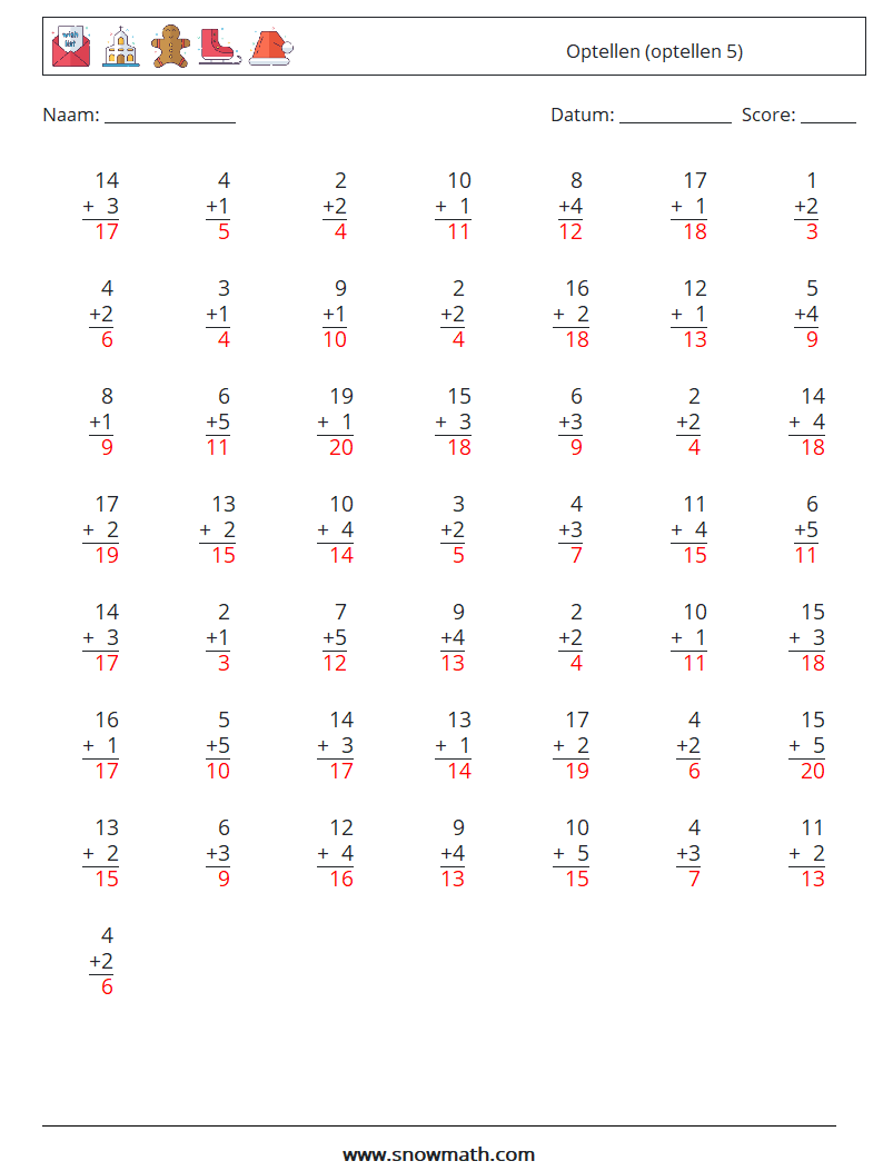 (50) Optellen (optellen 5) Wiskundige werkbladen 14 Vraag, Antwoord