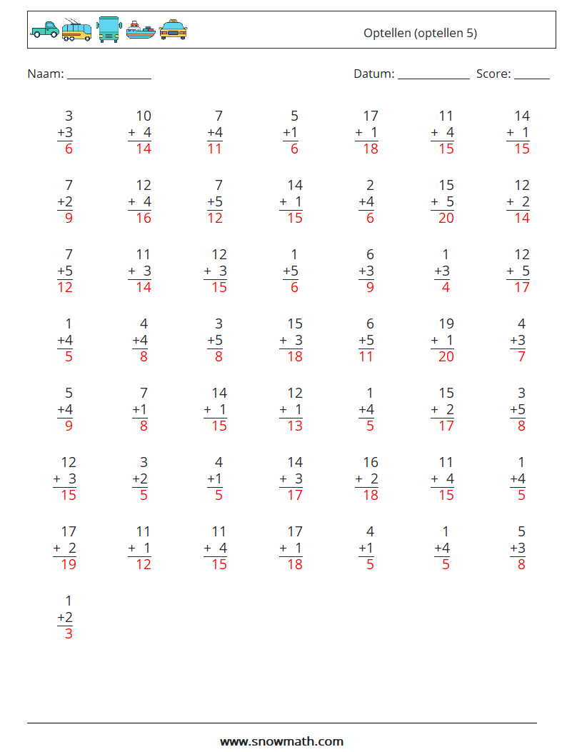 (50) Optellen (optellen 5) Wiskundige werkbladen 15 Vraag, Antwoord