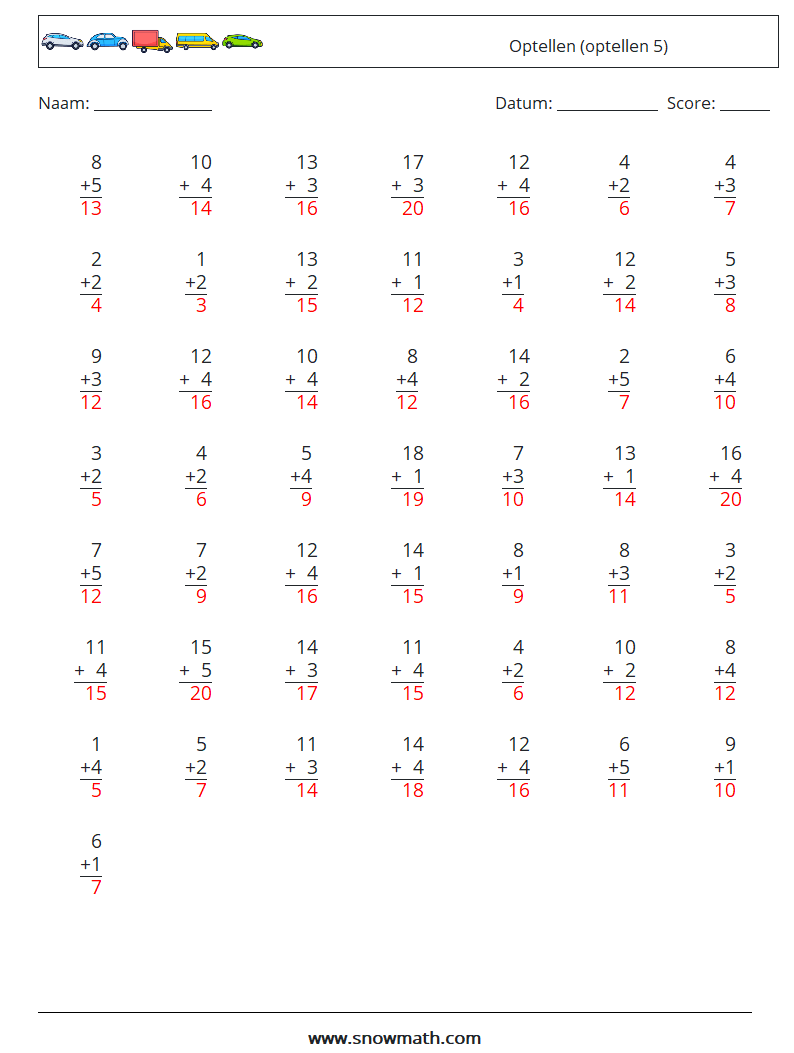 (50) Optellen (optellen 5) Wiskundige werkbladen 16 Vraag, Antwoord