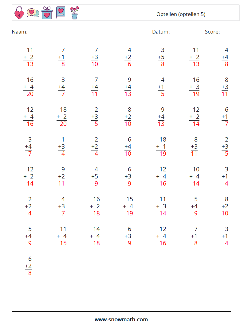 (50) Optellen (optellen 5) Wiskundige werkbladen 17 Vraag, Antwoord