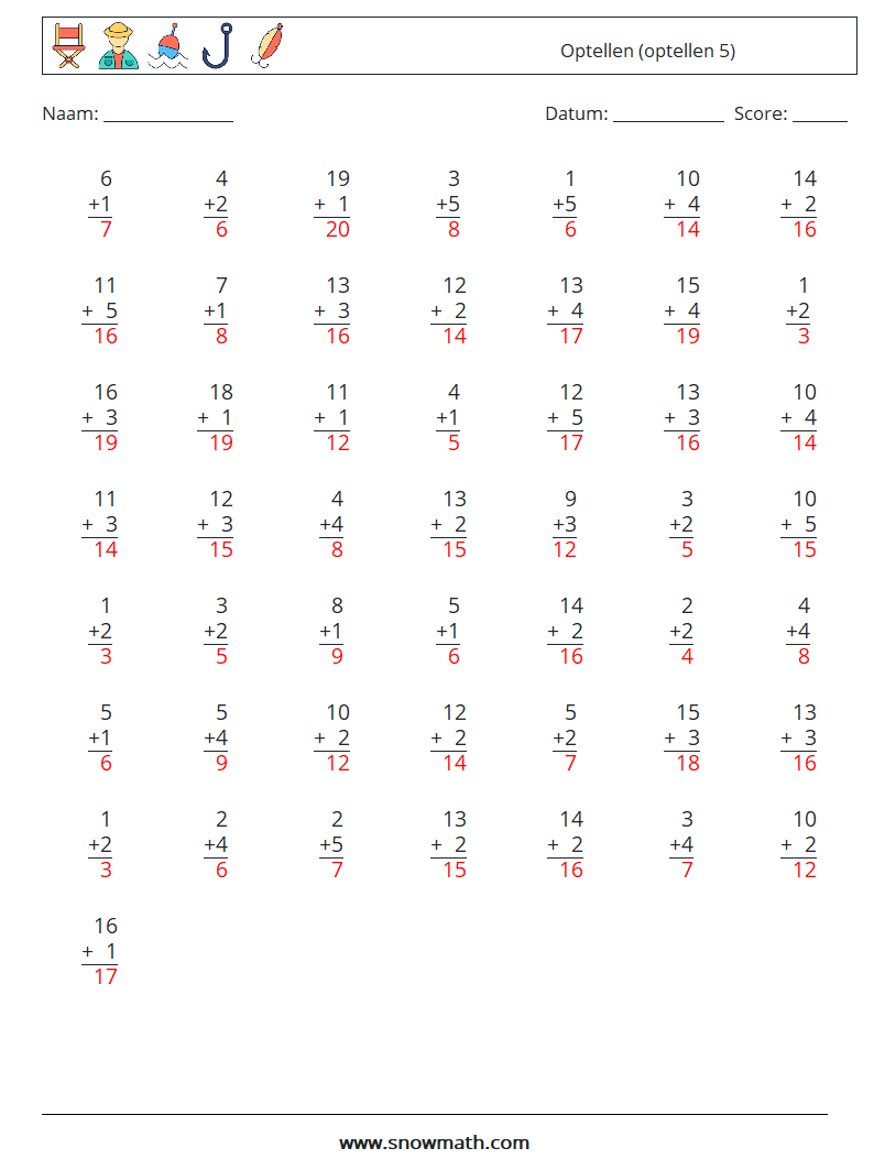 (50) Optellen (optellen 5) Wiskundige werkbladen 18 Vraag, Antwoord