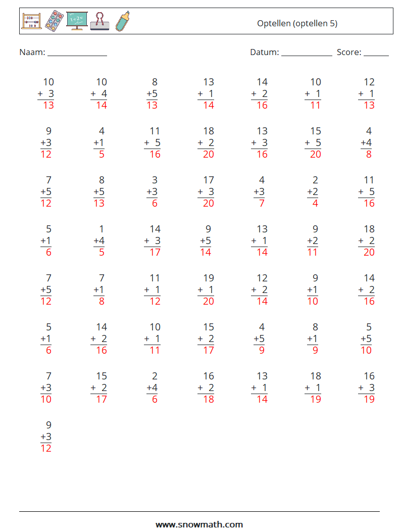 (50) Optellen (optellen 5) Wiskundige werkbladen 1 Vraag, Antwoord