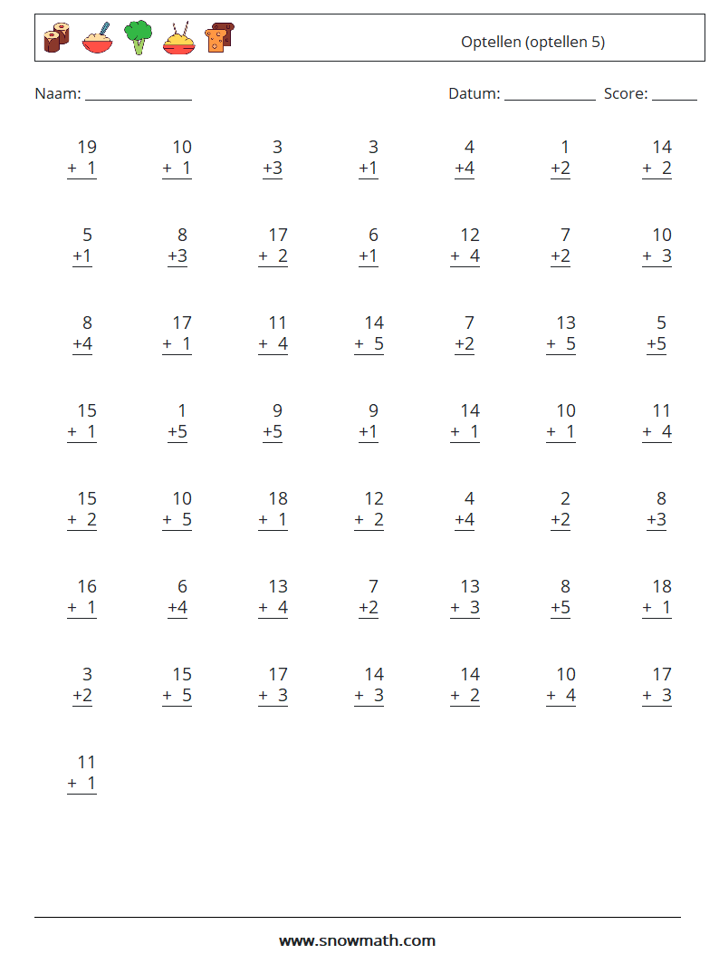 (50) Optellen (optellen 5) Wiskundige werkbladen 2