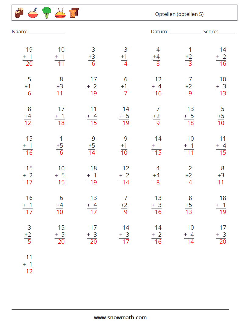 (50) Optellen (optellen 5) Wiskundige werkbladen 2 Vraag, Antwoord