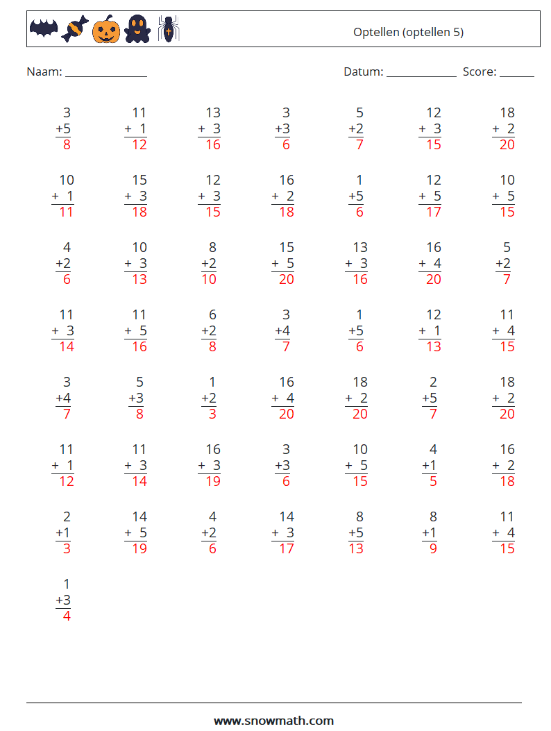 (50) Optellen (optellen 5) Wiskundige werkbladen 3 Vraag, Antwoord