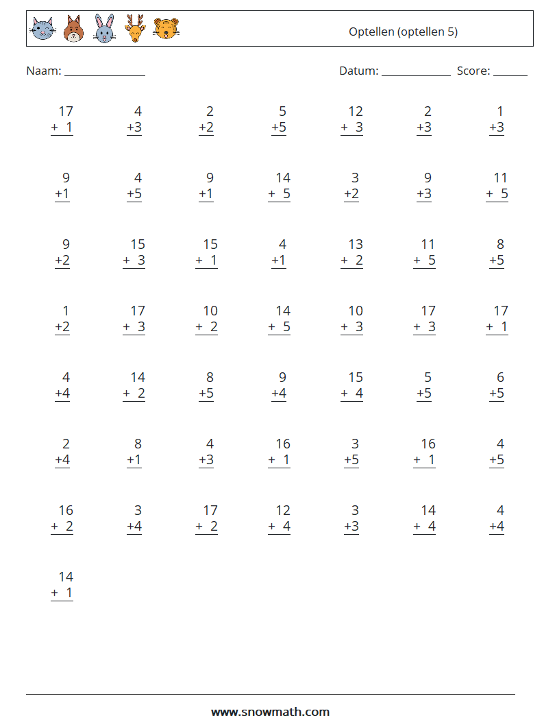 (50) Optellen (optellen 5) Wiskundige werkbladen 4