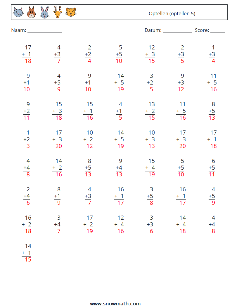 (50) Optellen (optellen 5) Wiskundige werkbladen 4 Vraag, Antwoord