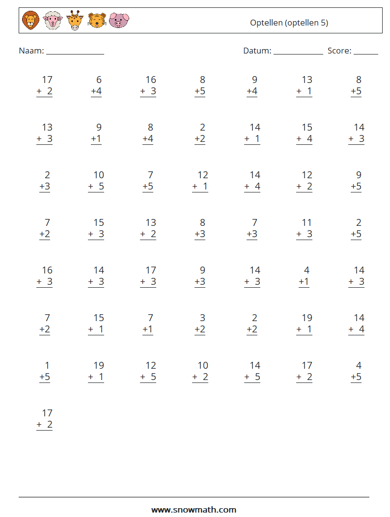 (50) Optellen (optellen 5) Wiskundige werkbladen 5