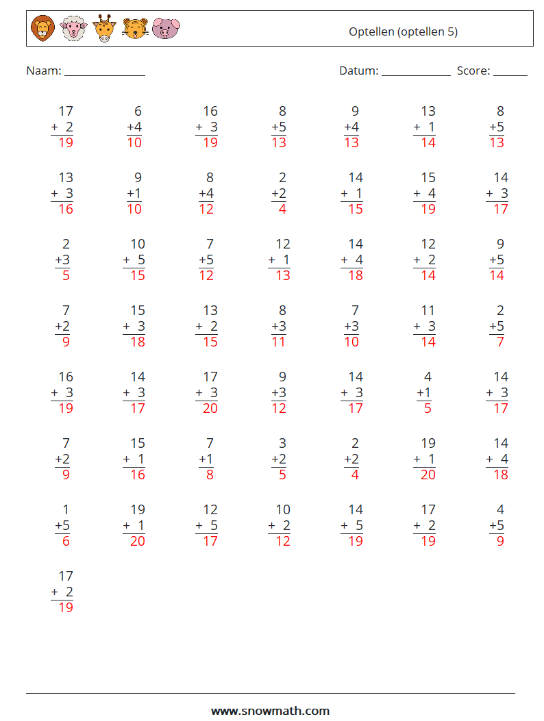 (50) Optellen (optellen 5) Wiskundige werkbladen 5 Vraag, Antwoord