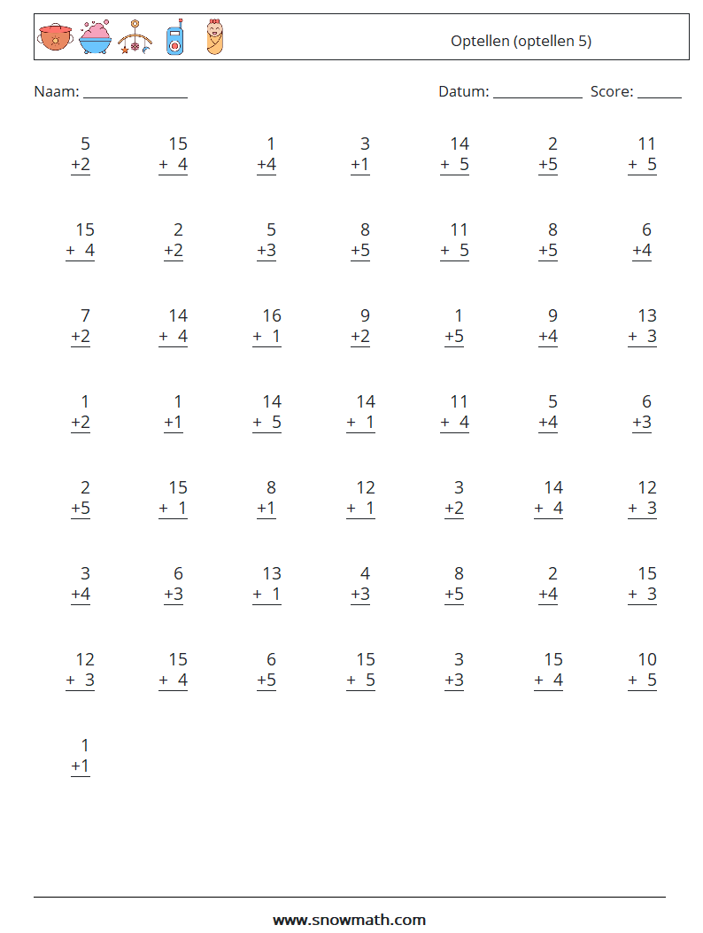 (50) Optellen (optellen 5) Wiskundige werkbladen 6