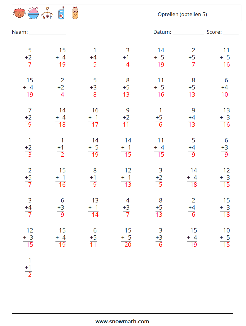 (50) Optellen (optellen 5) Wiskundige werkbladen 6 Vraag, Antwoord