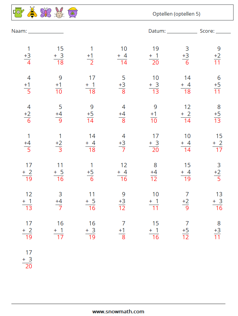 (50) Optellen (optellen 5) Wiskundige werkbladen 9 Vraag, Antwoord