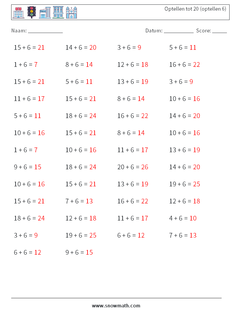 (50) Optellen tot 20 (optellen 6) Wiskundige werkbladen 1 Vraag, Antwoord