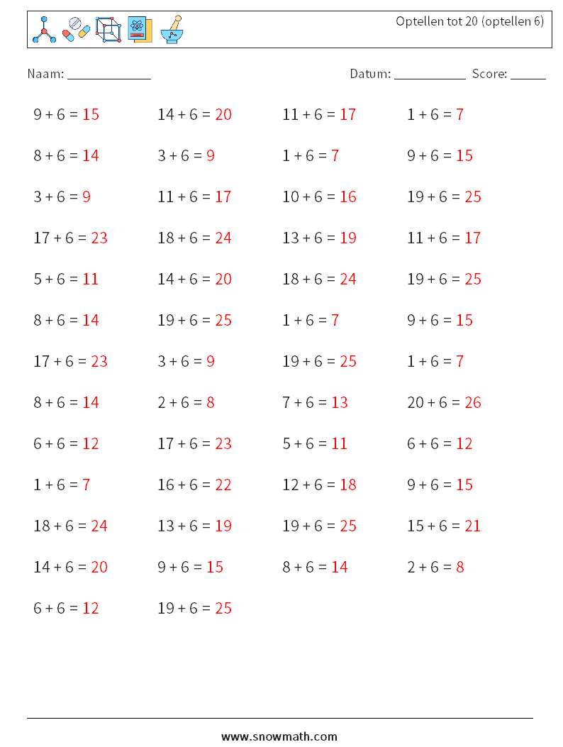 (50) Optellen tot 20 (optellen 6) Wiskundige werkbladen 2 Vraag, Antwoord