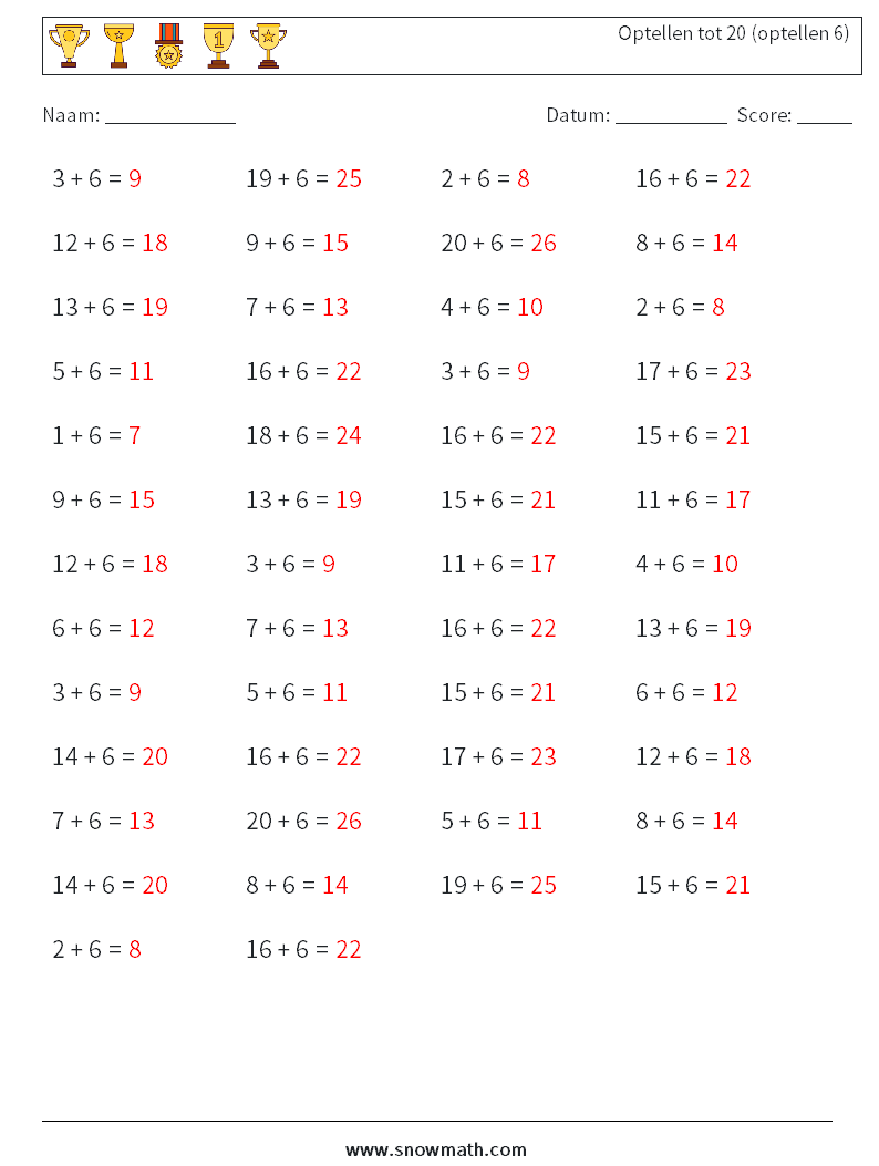 (50) Optellen tot 20 (optellen 6) Wiskundige werkbladen 3 Vraag, Antwoord
