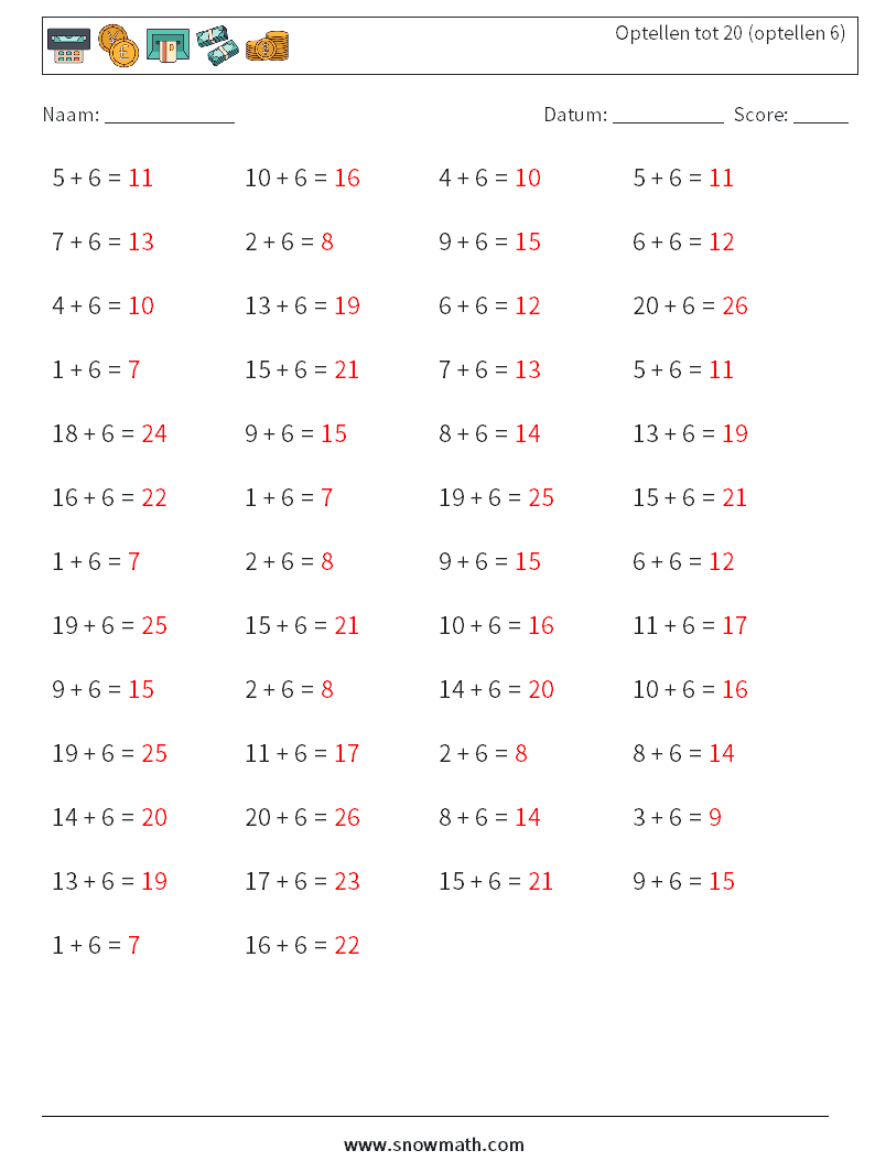 (50) Optellen tot 20 (optellen 6) Wiskundige werkbladen 4 Vraag, Antwoord