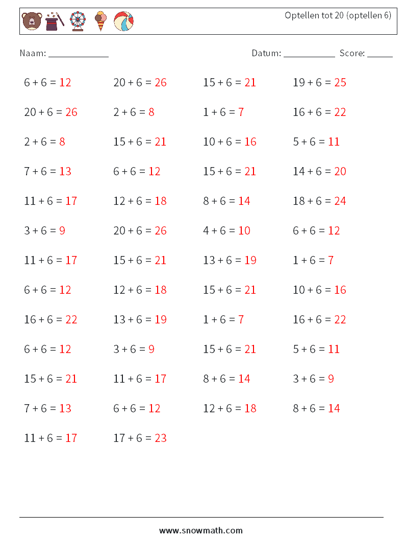 (50) Optellen tot 20 (optellen 6) Wiskundige werkbladen 6 Vraag, Antwoord
