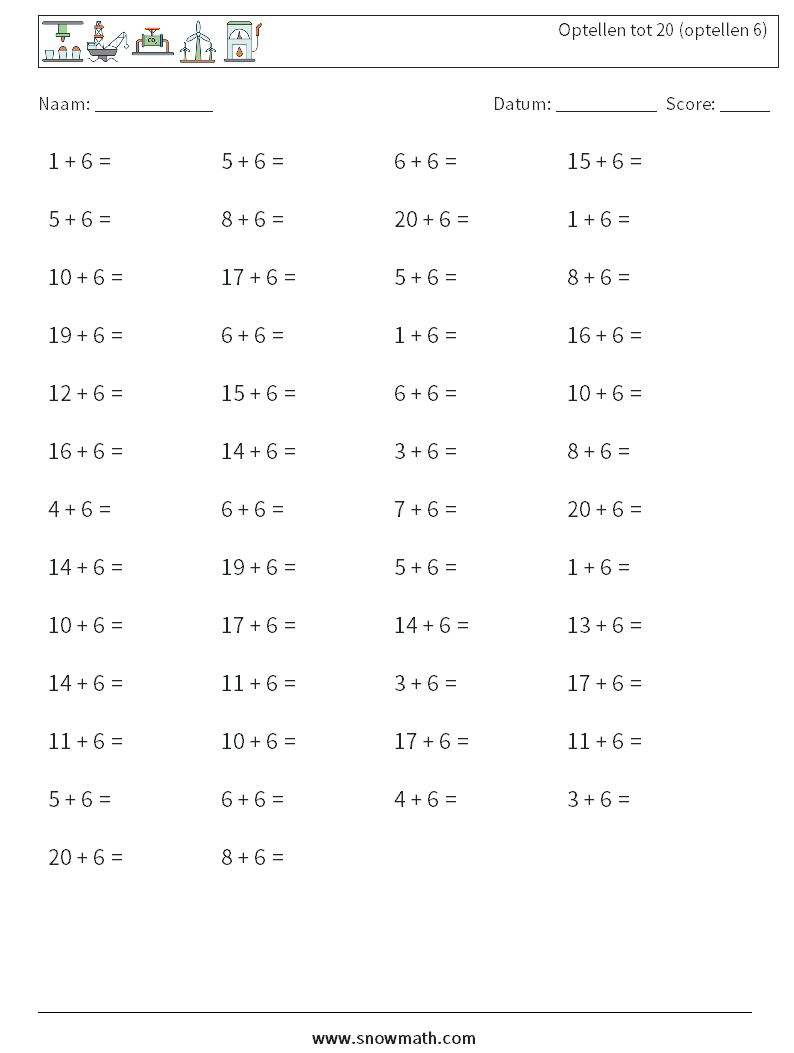 (50) Optellen tot 20 (optellen 6) Wiskundige werkbladen 7