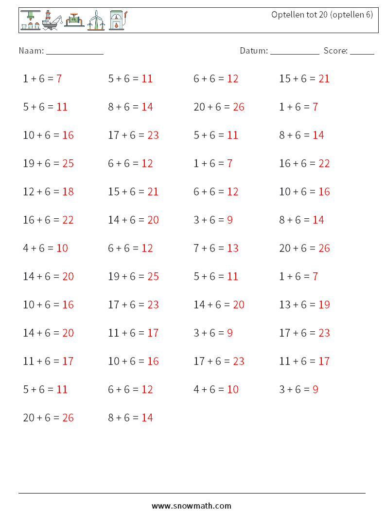(50) Optellen tot 20 (optellen 6) Wiskundige werkbladen 7 Vraag, Antwoord