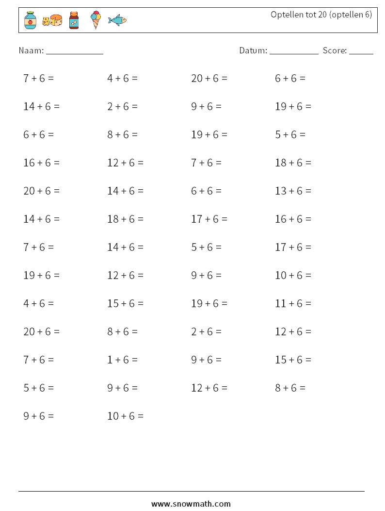 (50) Optellen tot 20 (optellen 6) Wiskundige werkbladen 8