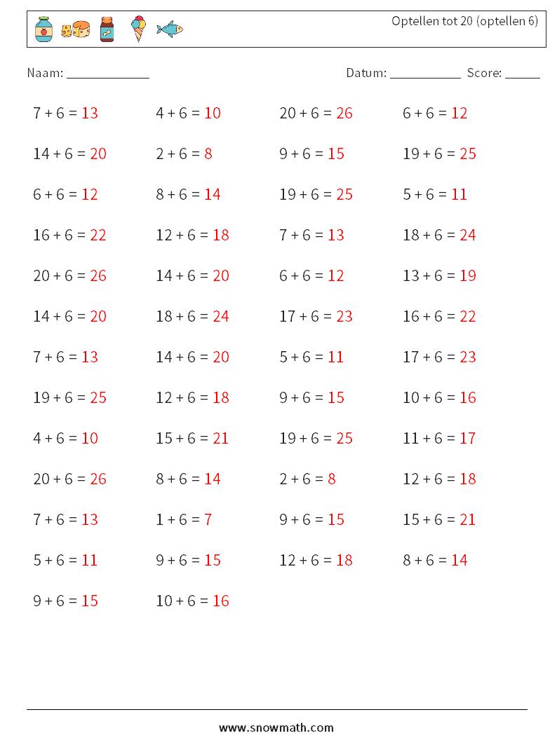 (50) Optellen tot 20 (optellen 6) Wiskundige werkbladen 8 Vraag, Antwoord