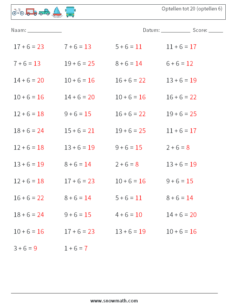 (50) Optellen tot 20 (optellen 6) Wiskundige werkbladen 9 Vraag, Antwoord