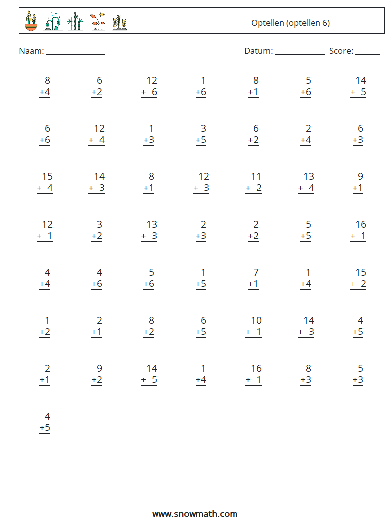 (50) Optellen (optellen 6) Wiskundige werkbladen 10