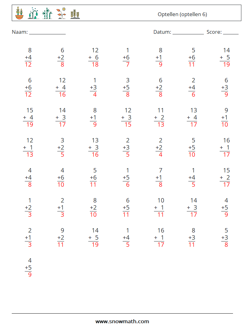 (50) Optellen (optellen 6) Wiskundige werkbladen 10 Vraag, Antwoord