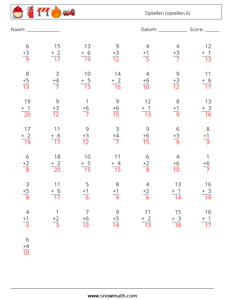 (50) Optellen (optellen 6) Wiskundige werkbladen 12 Vraag, Antwoord