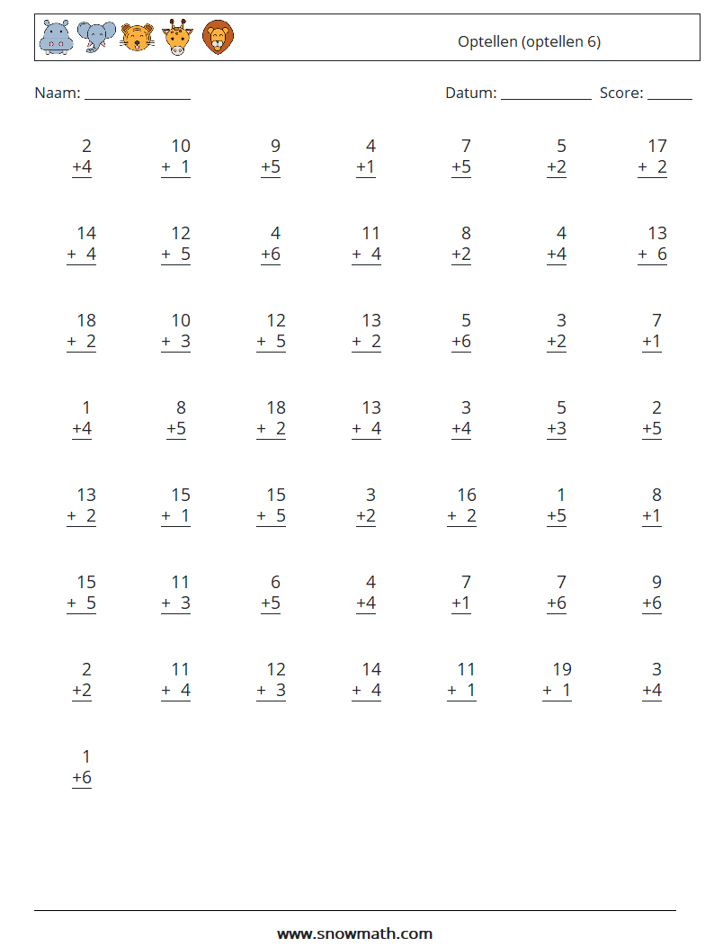 (50) Optellen (optellen 6) Wiskundige werkbladen 13