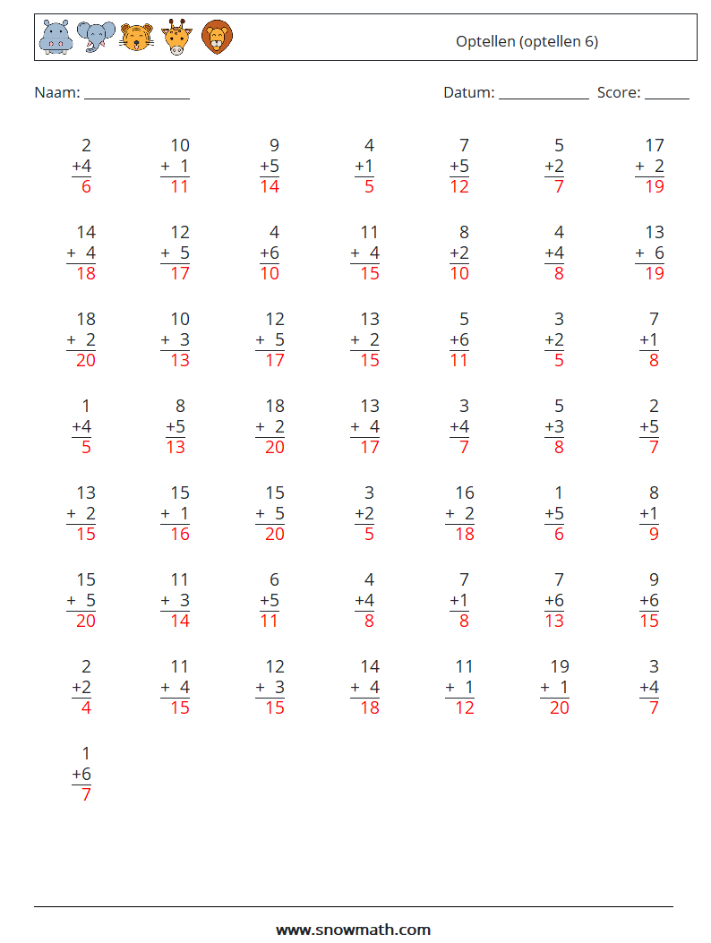 (50) Optellen (optellen 6) Wiskundige werkbladen 13 Vraag, Antwoord