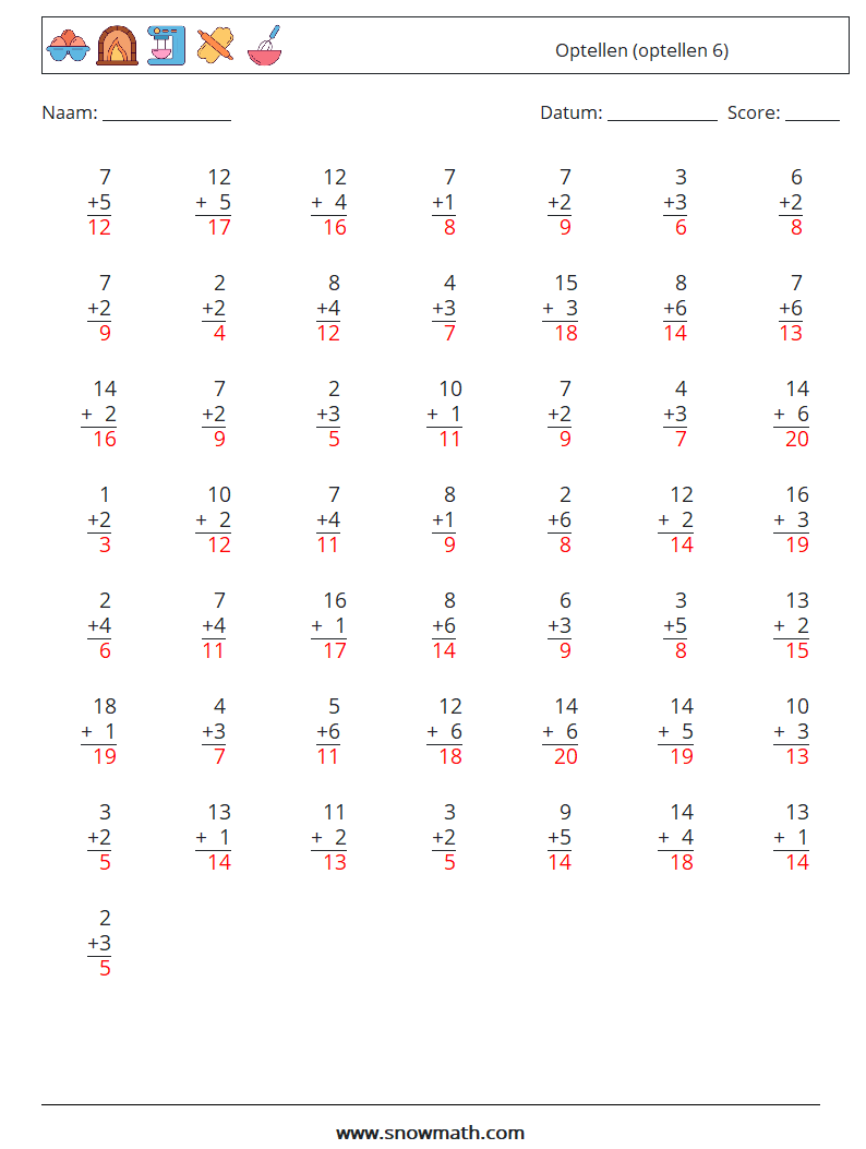 (50) Optellen (optellen 6) Wiskundige werkbladen 14 Vraag, Antwoord