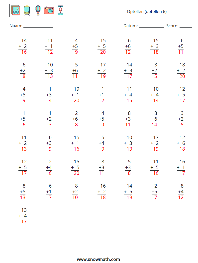 (50) Optellen (optellen 6) Wiskundige werkbladen 15 Vraag, Antwoord