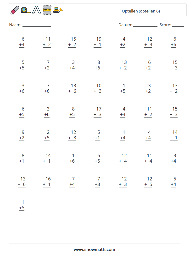 (50) Optellen (optellen 6) Wiskundige werkbladen 17