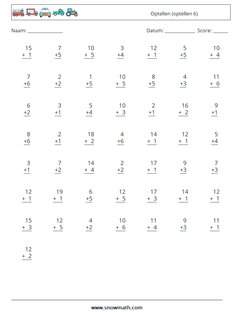 (50) Optellen (optellen 6) Wiskundige werkbladen 18