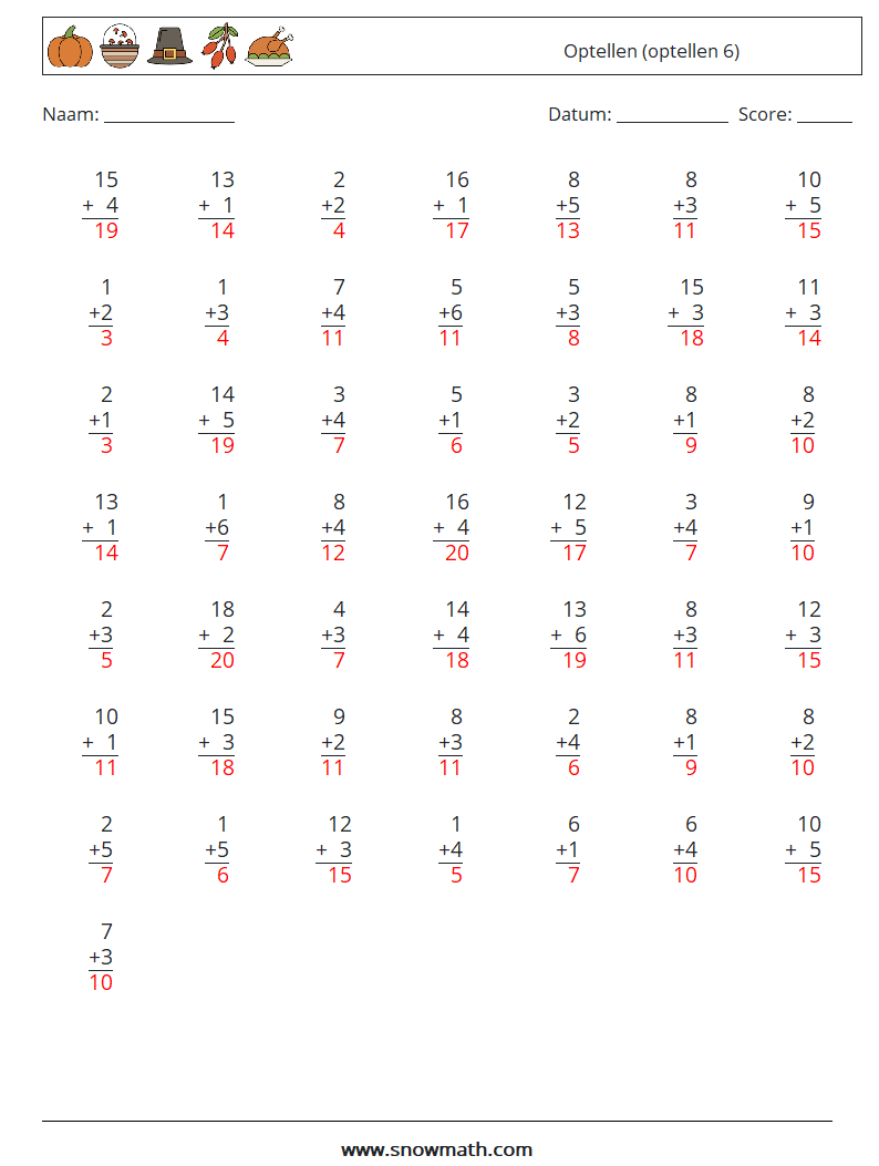 (50) Optellen (optellen 6) Wiskundige werkbladen 1 Vraag, Antwoord