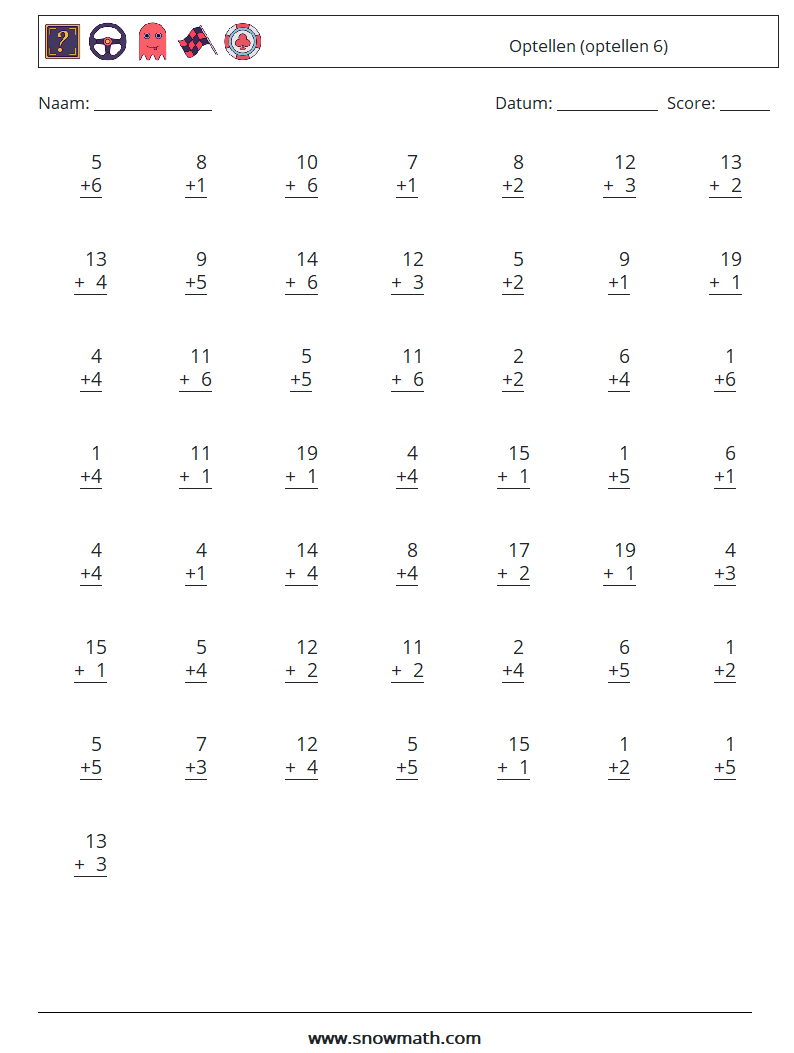 (50) Optellen (optellen 6) Wiskundige werkbladen 2