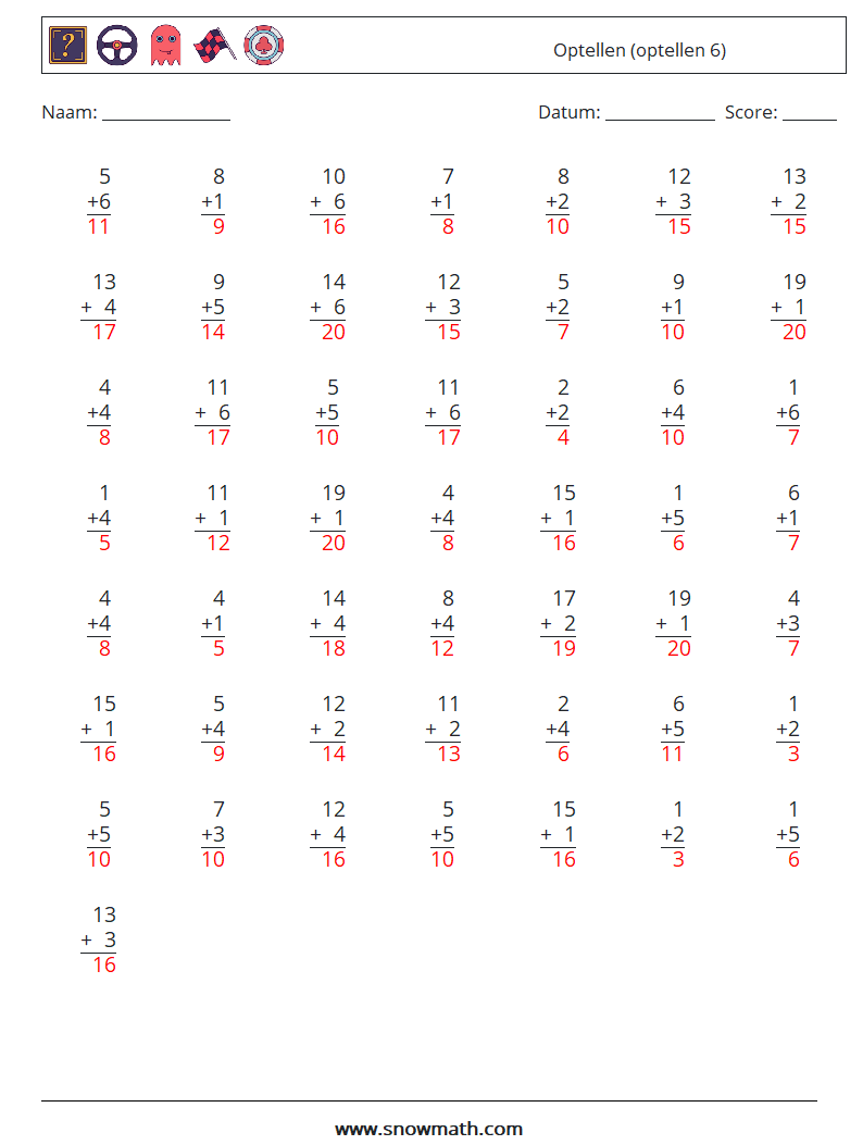 (50) Optellen (optellen 6) Wiskundige werkbladen 2 Vraag, Antwoord