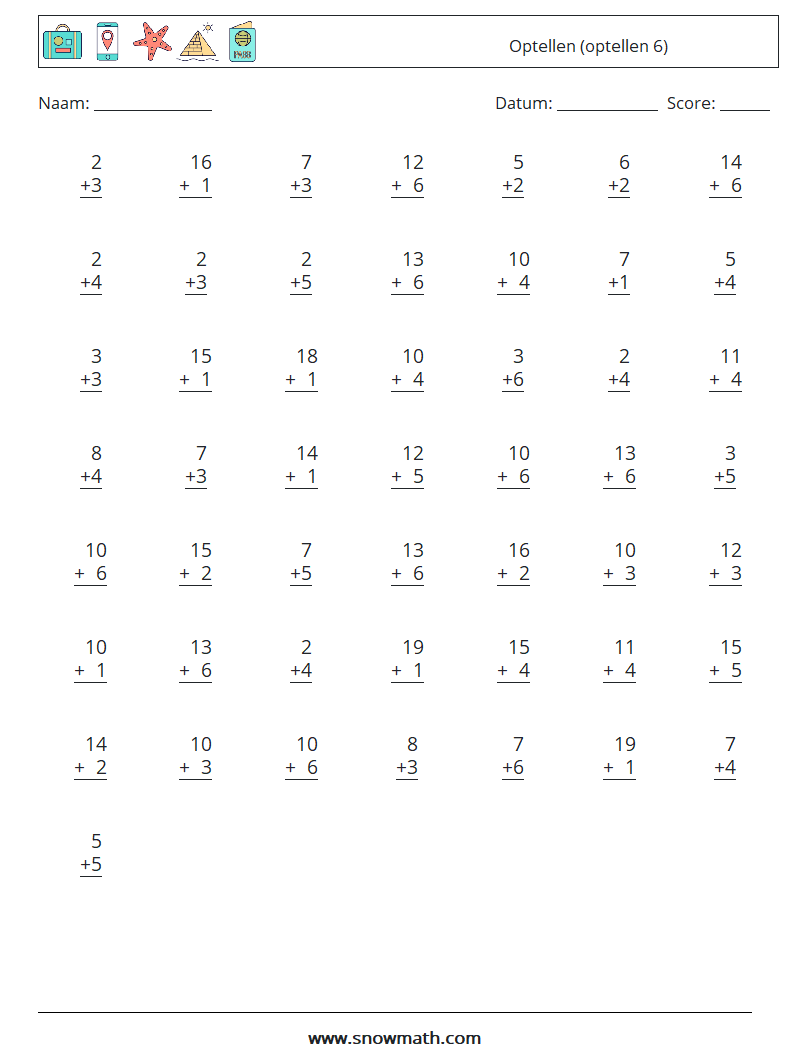 (50) Optellen (optellen 6) Wiskundige werkbladen 3