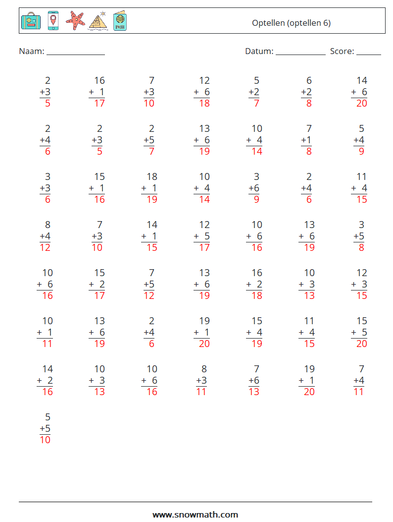 (50) Optellen (optellen 6) Wiskundige werkbladen 3 Vraag, Antwoord