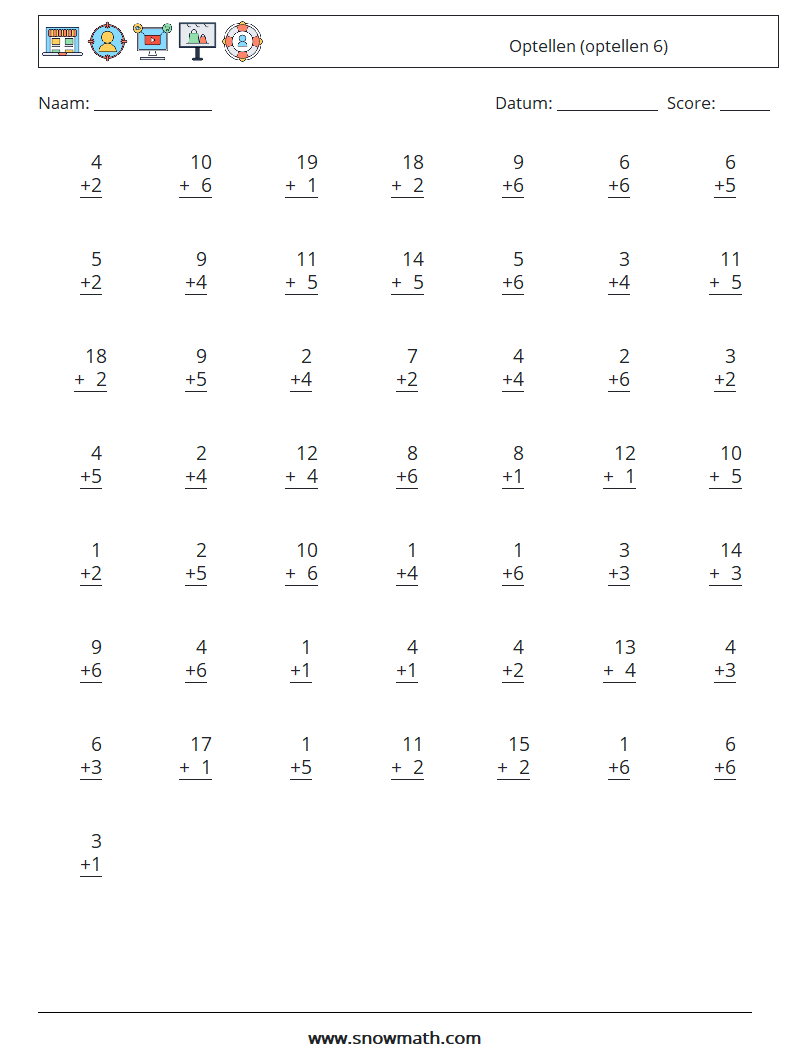 (50) Optellen (optellen 6) Wiskundige werkbladen 4