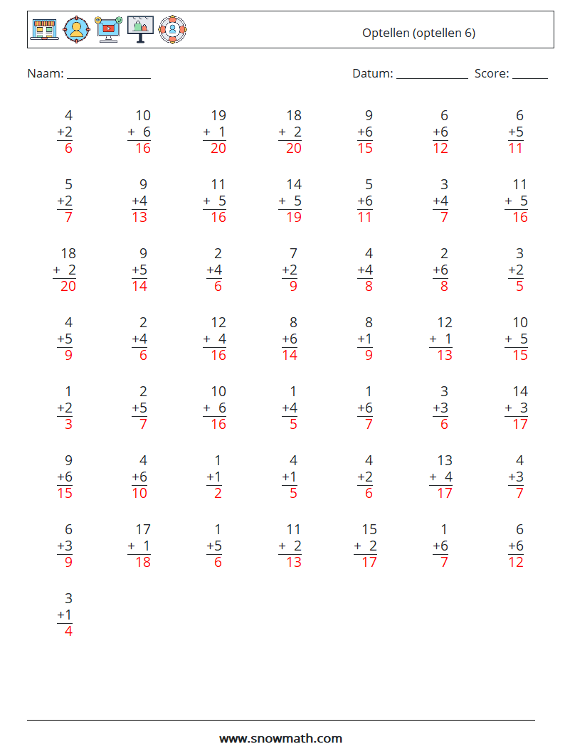 (50) Optellen (optellen 6) Wiskundige werkbladen 4 Vraag, Antwoord