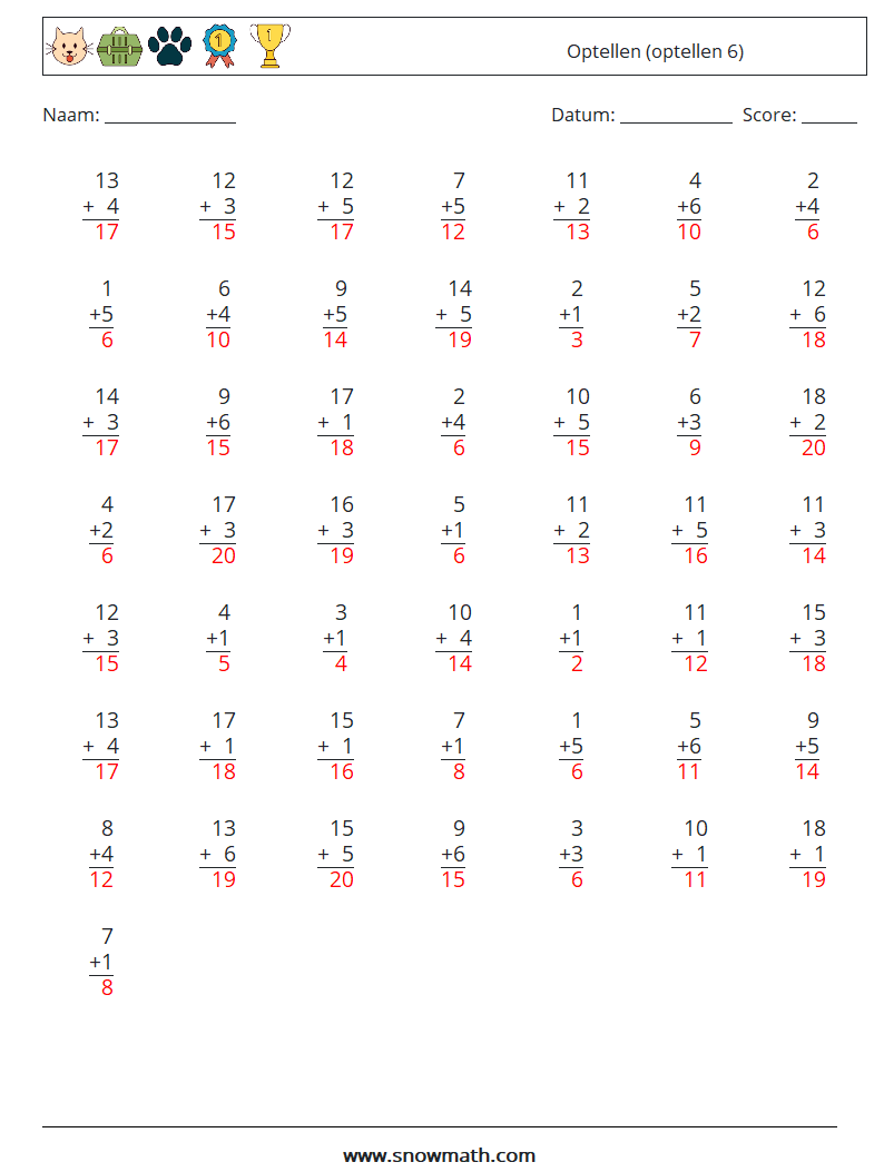 (50) Optellen (optellen 6) Wiskundige werkbladen 6 Vraag, Antwoord