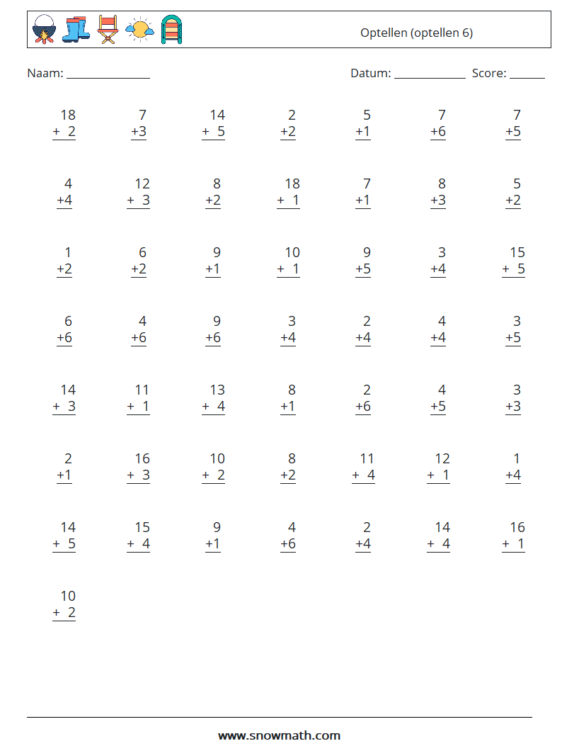 (50) Optellen (optellen 6) Wiskundige werkbladen 7