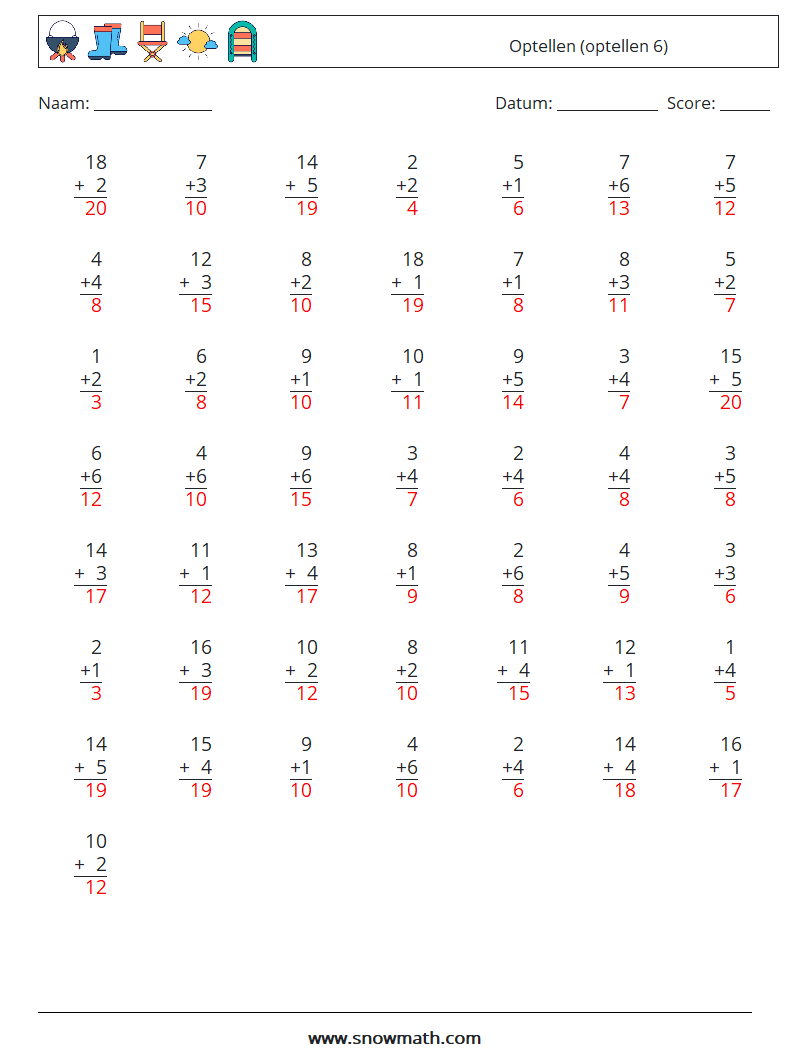 (50) Optellen (optellen 6) Wiskundige werkbladen 7 Vraag, Antwoord