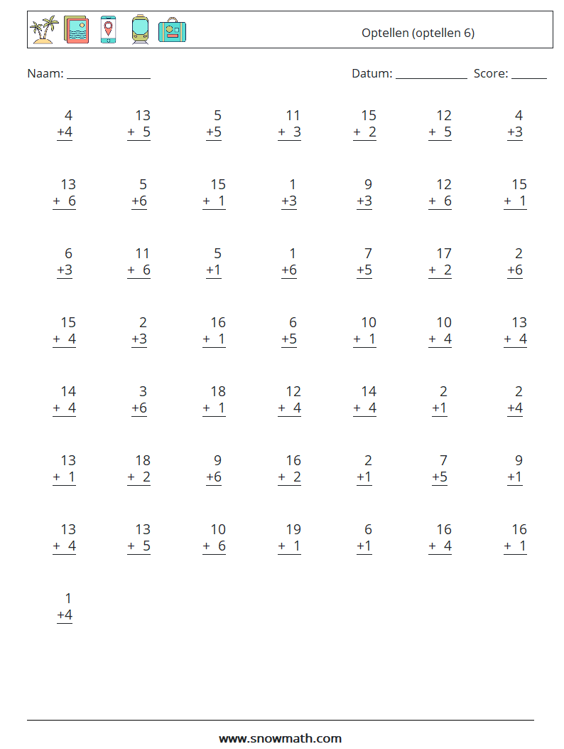 (50) Optellen (optellen 6) Wiskundige werkbladen 9