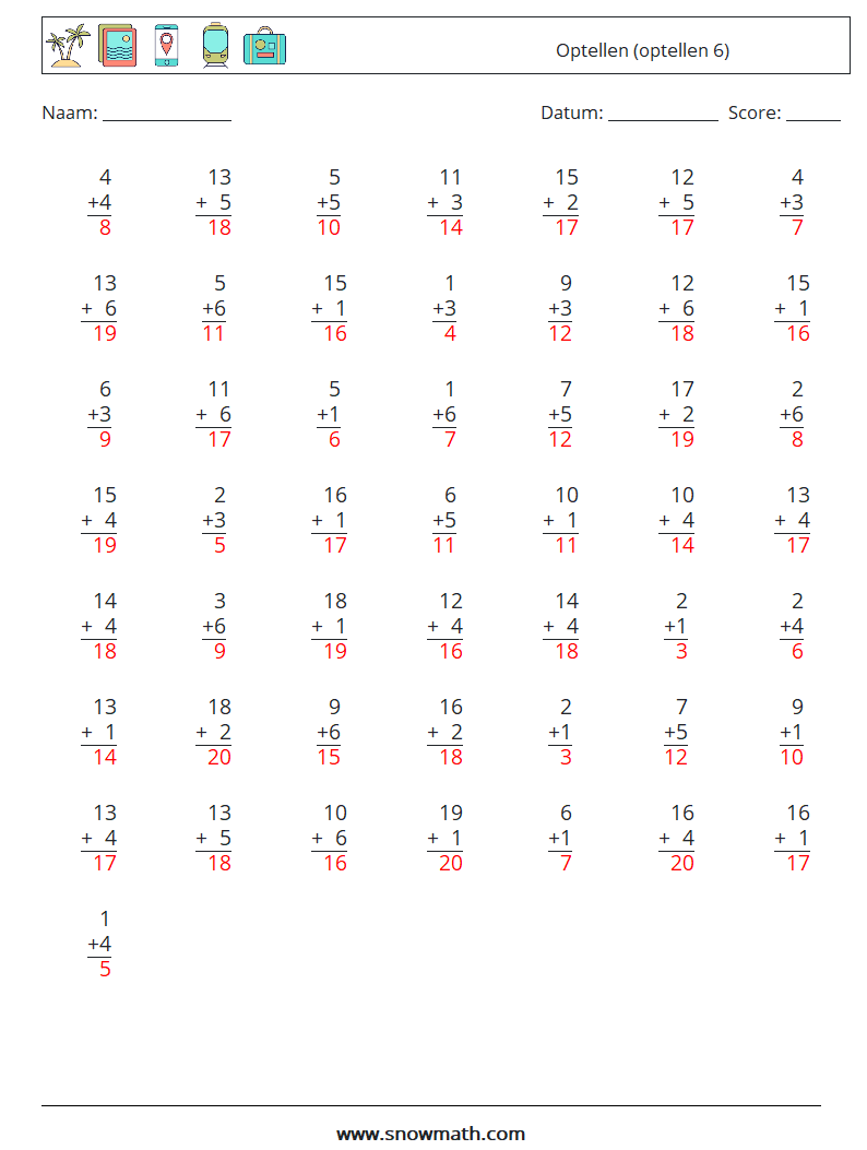 (50) Optellen (optellen 6) Wiskundige werkbladen 9 Vraag, Antwoord