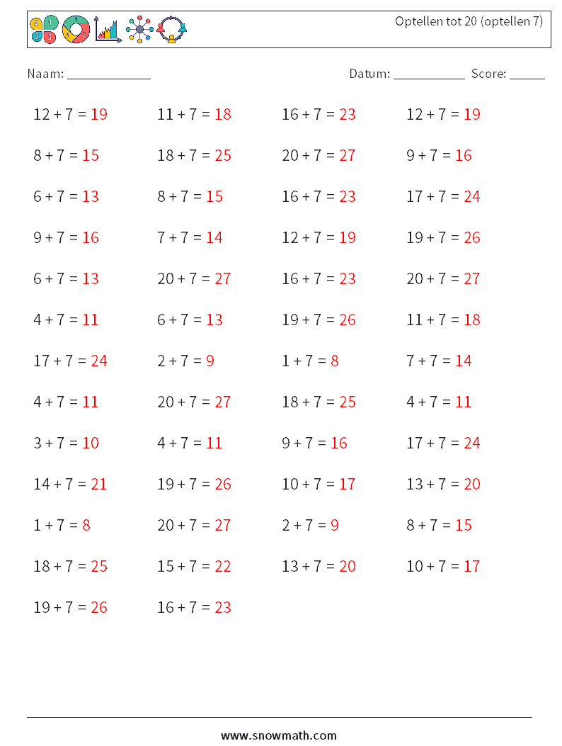 (50) Optellen tot 20 (optellen 7) Wiskundige werkbladen 1 Vraag, Antwoord